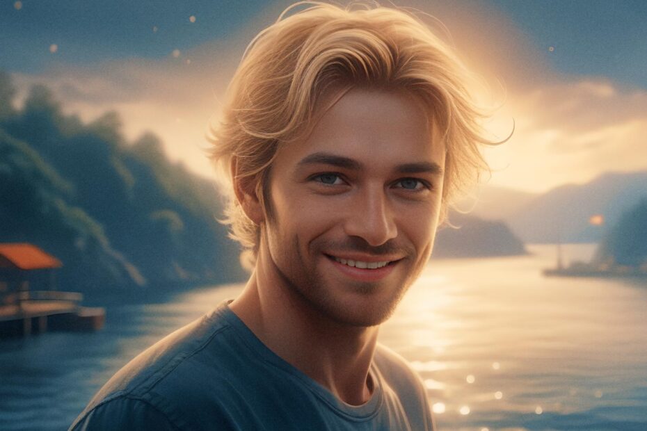 A light blonde-haired individual with a friendly smile stands by a serene lake at sunset, sporting a casual T-shirt. Their well-organized Peak Design bag, adorned with stylish travel pouches, completes this chic and tranquil scene featuring calm waters and forested hills under a glowing sky.