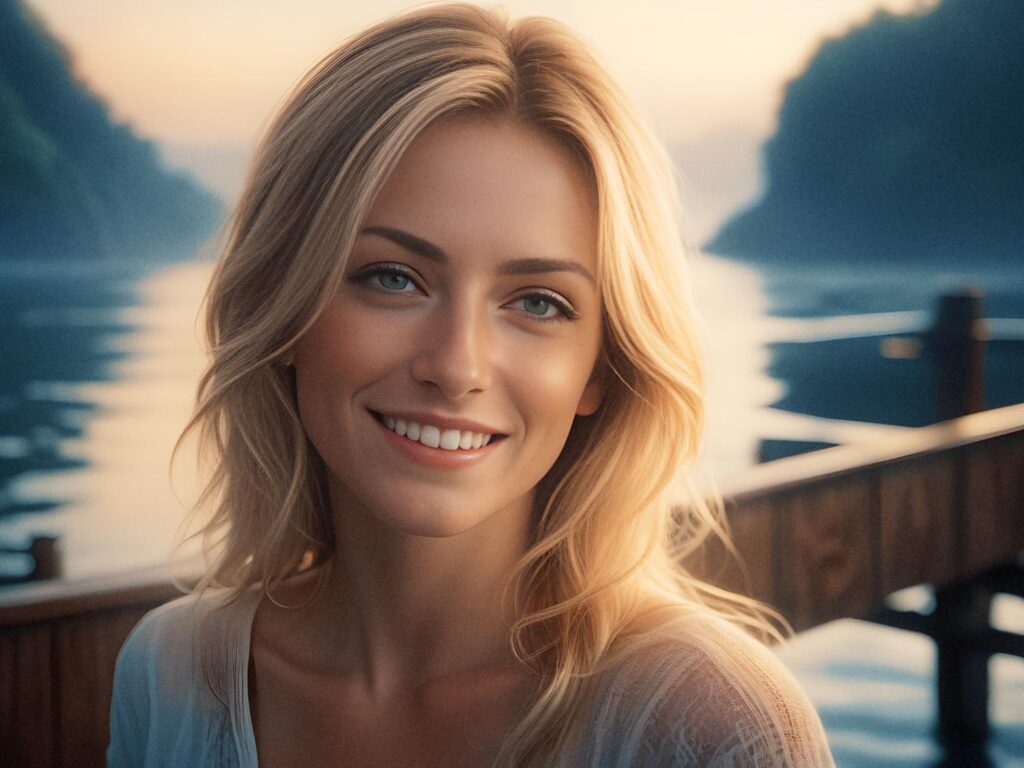 A smiling young woman with long blonde hair stands on a wooden pier by a tranquil lake, showcasing a chic purse amid lush greenery and misty sunset vibes.