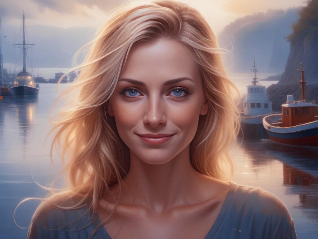 A young woman with long blonde hair and blue eyes smiles warmly, sporting a chic cyclist messenger bag. She stands before a serene sunset-lit harbor, exuding effortless coastal style.