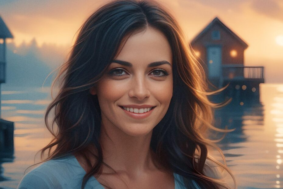 A woman with long, wavy hair smiles at a serene lakeside sunset, showcasing her chic handbag. Two stilted wooden houses glow in the background.