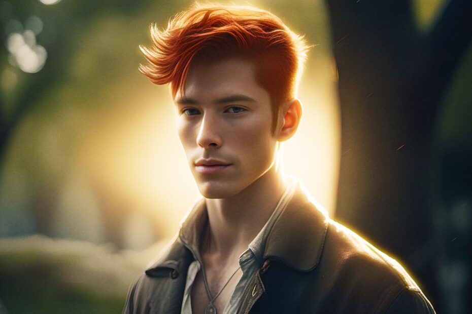 A person with vibrant red hair stands in sunlight, showcasing a stylish leather tote bag, brown jacket over a light shirt, and a chic pendant necklace.