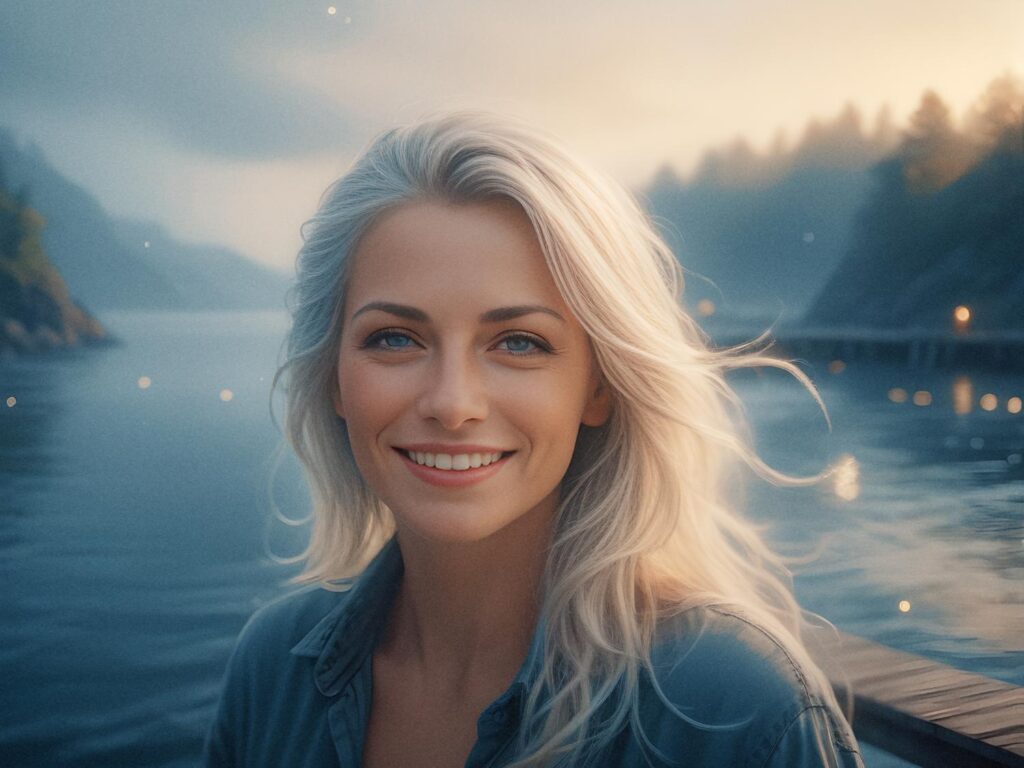 A smiling woman with long, blonde hair stands in front of a serene sunset over misty mountains. Wearing a casual button-up, she flaunts the latest designer bag draped elegantly over her shoulder, her hair gently tousled by the breeze.