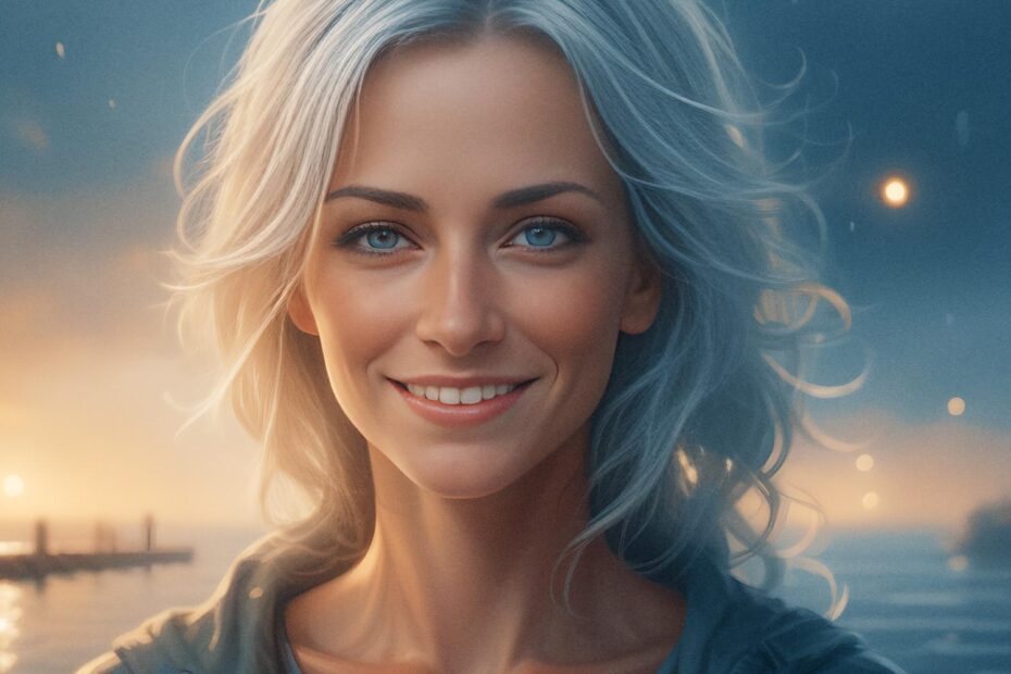A silver-haired woman with blue eyes smiles warmly at dusk by the water. She wears a casual jacket and holds a stylish vegan bag, bathed in golden glow.