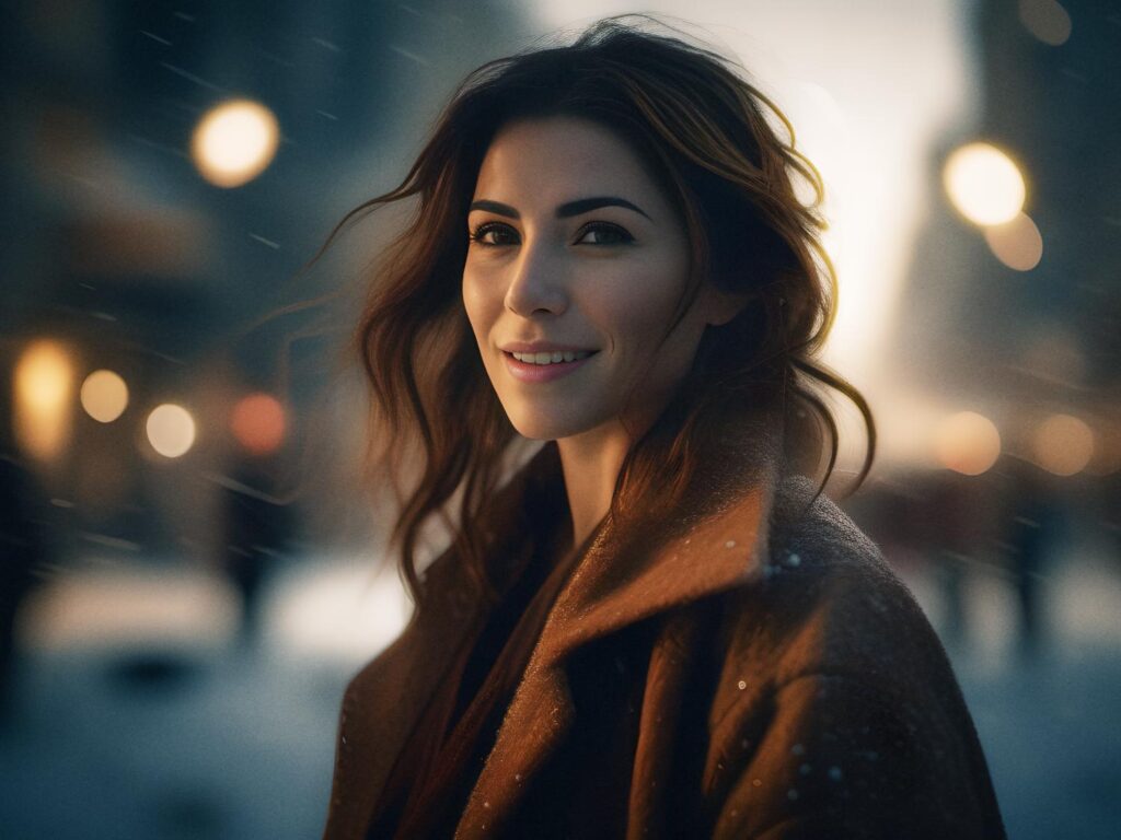 A young woman with wavy brown hair smiles softly on a city street. She sports a chic brown coat and a stylish waxed canvas messenger bag, with snowflakes adding to the serene, evening ambiance.