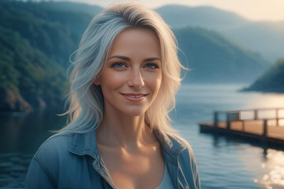 A stylish woman with flowing blonde hair and a radiant smile poses by a tranquil mountain lake at sunset. She wears a chic light denim shirt over a white top, accessorized with the latest luxury leather crossbody bag, perfectly blending fashion with nature's serenity.