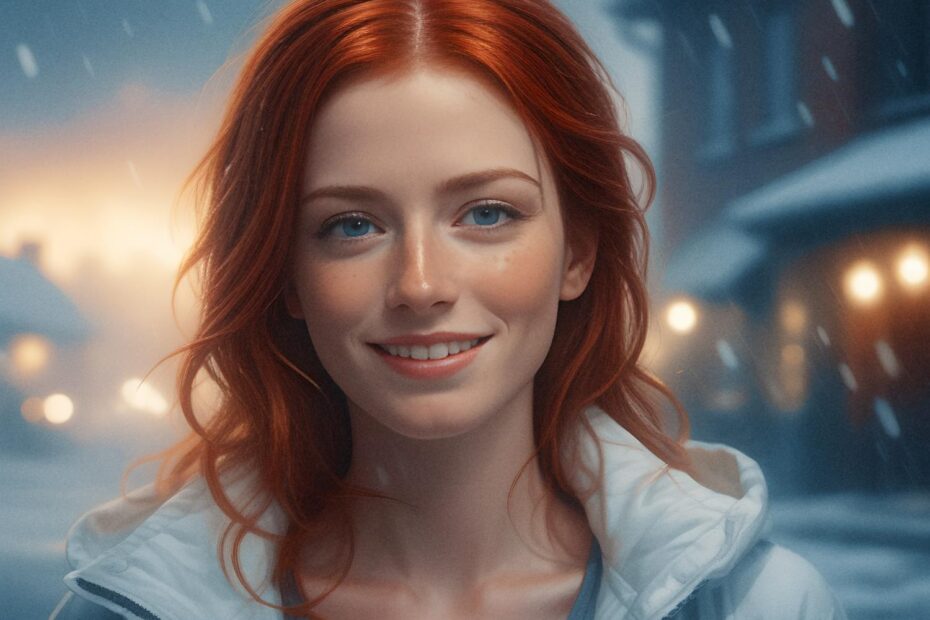 A young person with flowing red hair smiles warmly in a snowy setting, donning a chic light jacket and trendy backpack. Twinkling house lights in the background enhance the cozy winter vibe.