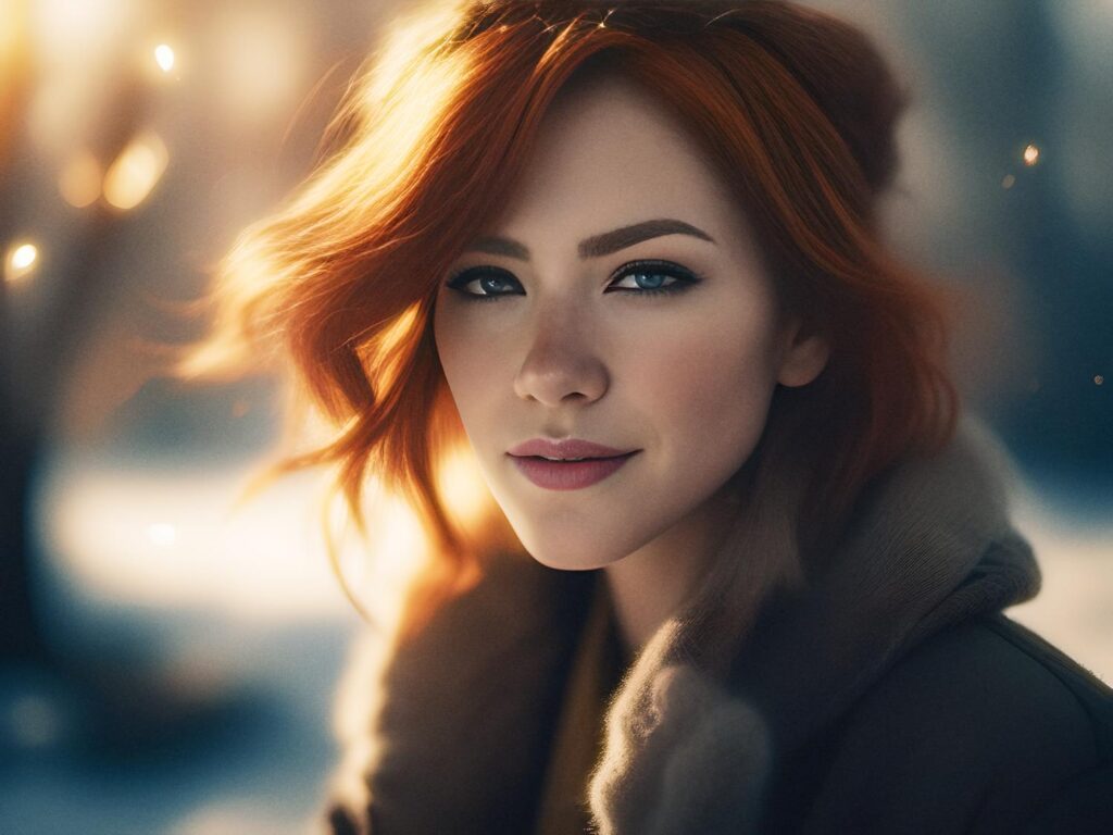 A red-haired woman with loose waves gazes calmly, donning a fur-collared coat and luxury leather crossbody. Warm bokeh lights evoke cozy sophistication.