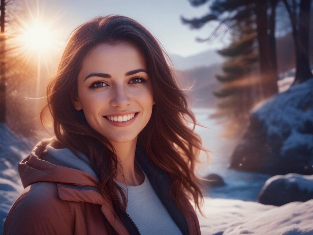A young woman with long hair smiles warmly, embracing winter style. She's in a chic jacket, her favorite messenger bag slung over her shoulder, as a golden sunset illuminates snow-covered trees and a serene river.