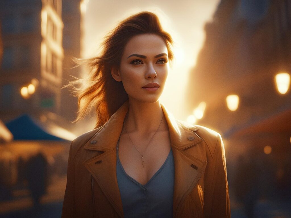 A confident woman with shoulder-length hair stands on a sunlit street in a chic tan leather jacket over a grey top. Her hair gently blowing, she carries a functional Oakley bag. The warm evening light casts a fashionable glow behind her poised expression.