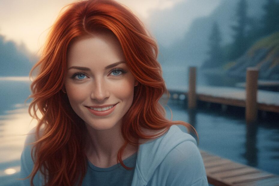 A woman with long red hair and a warm smile sits beside a serene lake, her chic purse by her side. Mist rises behind her, blending with the trees and docks. Her casual outfit and the soft lighting create a peaceful, stylish scene.