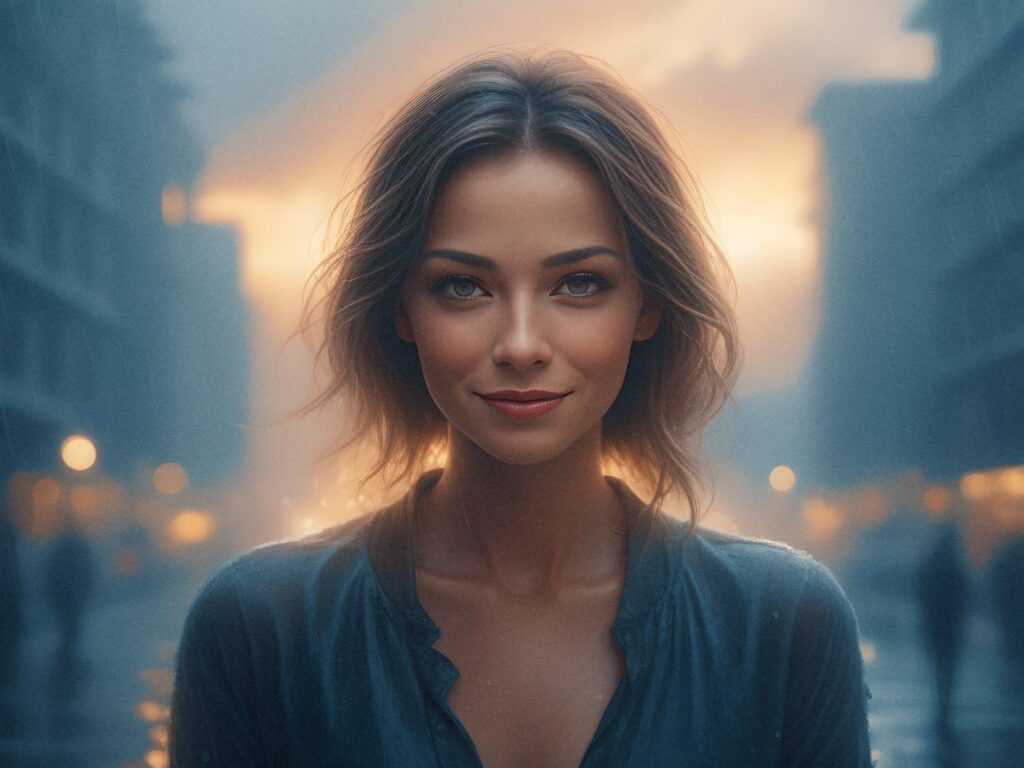 A stylish woman with short blonde hair and blue eyes stands on a misty city street at dusk, glowing in streetlamp light, her casual dark top and messenger bag adding to her effortlessly chic look.