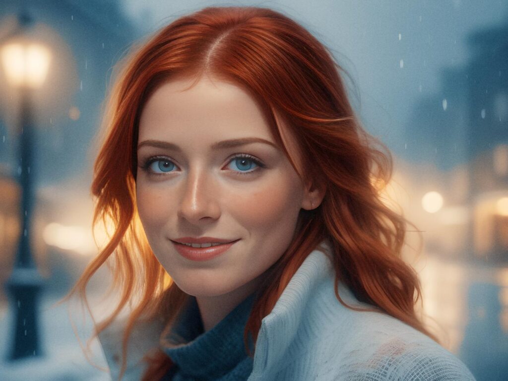 A young woman with long, wavy red hair and blue eyes smiles in a sustainable light-colored coat. Snow sparkles and street lights blur behind her. Winter eco-chic meets serene elegance.