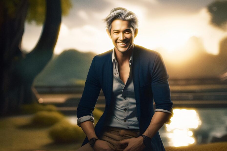 A stylish man with short grey hair beams on a stone step, donning a dark blazer, light shirt, and khakis. A trendy Gucci bag steals the spotlight as the sun sets over trees and a river.