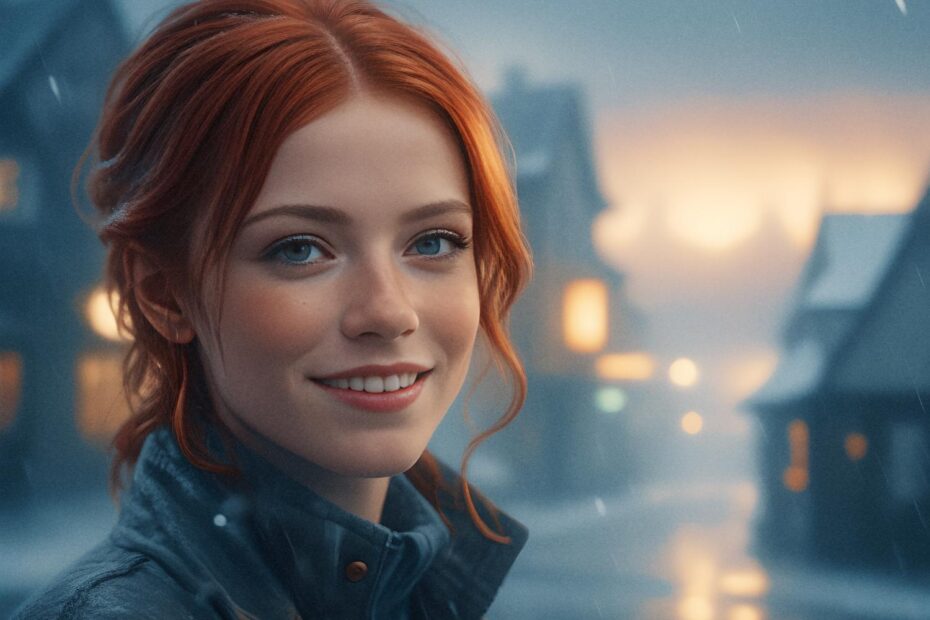 A young red-haired woman beams in a gray coat, flaunting a chic handmade leather messenger bag. Snowy evening lights enhance the wintry elegance.