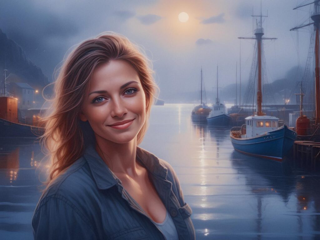 A woman with long, wavy hair and a warm smile stands by a serene harbor at dusk, stylishly carrying a trendy messenger bag. The setting sun casts a golden glow on boats and misty mountains in the background, creating an enchanting, picturesque scene.