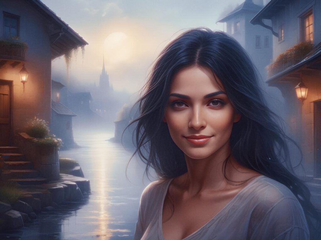 A woman with flowing dark hair and a serene smile poses in a misty village at dusk, rocking a chic pink tote. Cobblestone streets, lantern glow, and a river reflecting the twilight make for an enchanting backdrop.