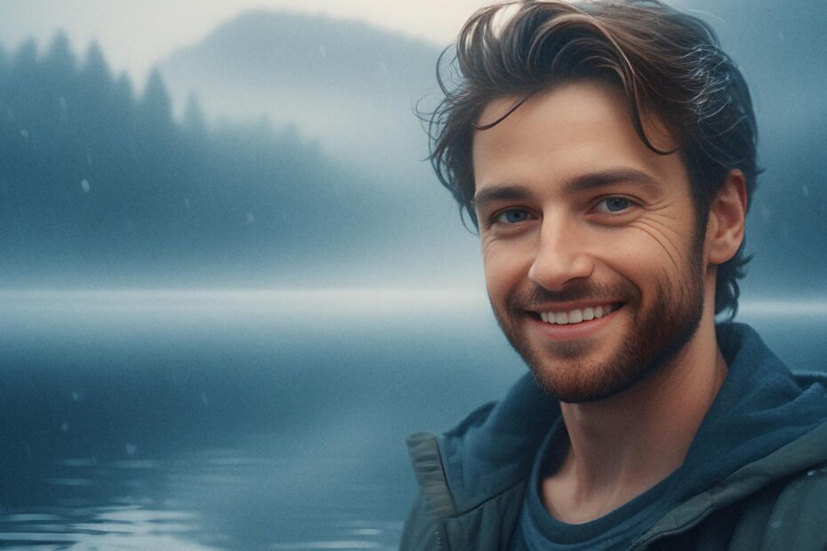 A stylish young man with a beard and tousled hair exudes effortless charm in a rugged jacket, posing by a misty lake with his chic cyclist messenger bag.