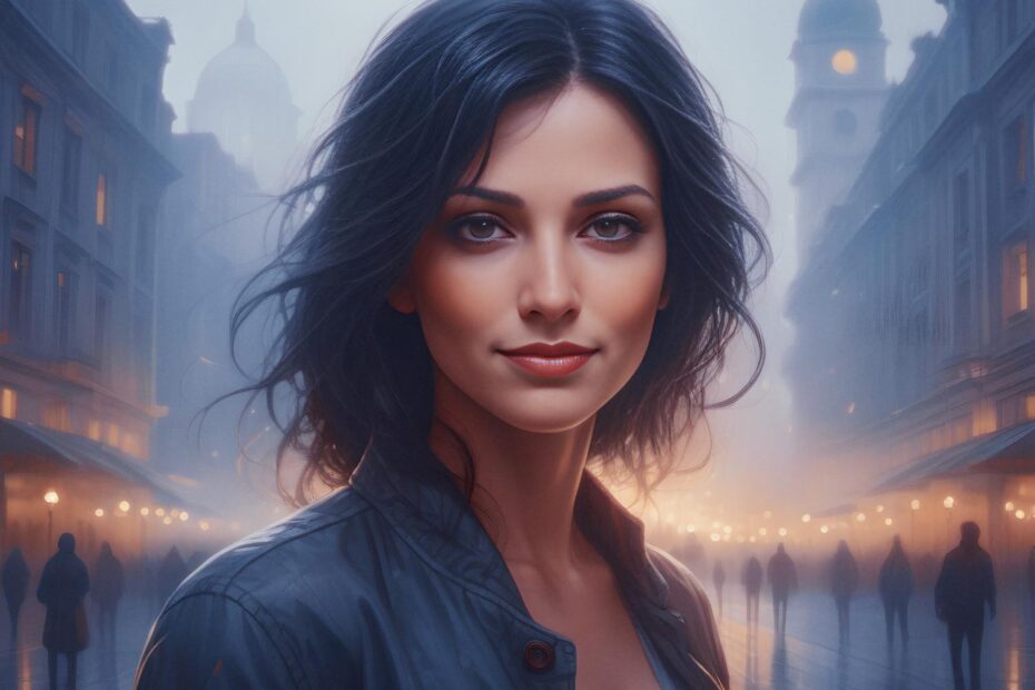 A young woman with dark hair rocks a leather jacket on a misty, lamp-lit street, clutching a trendy pink tote; city lights blur around her.