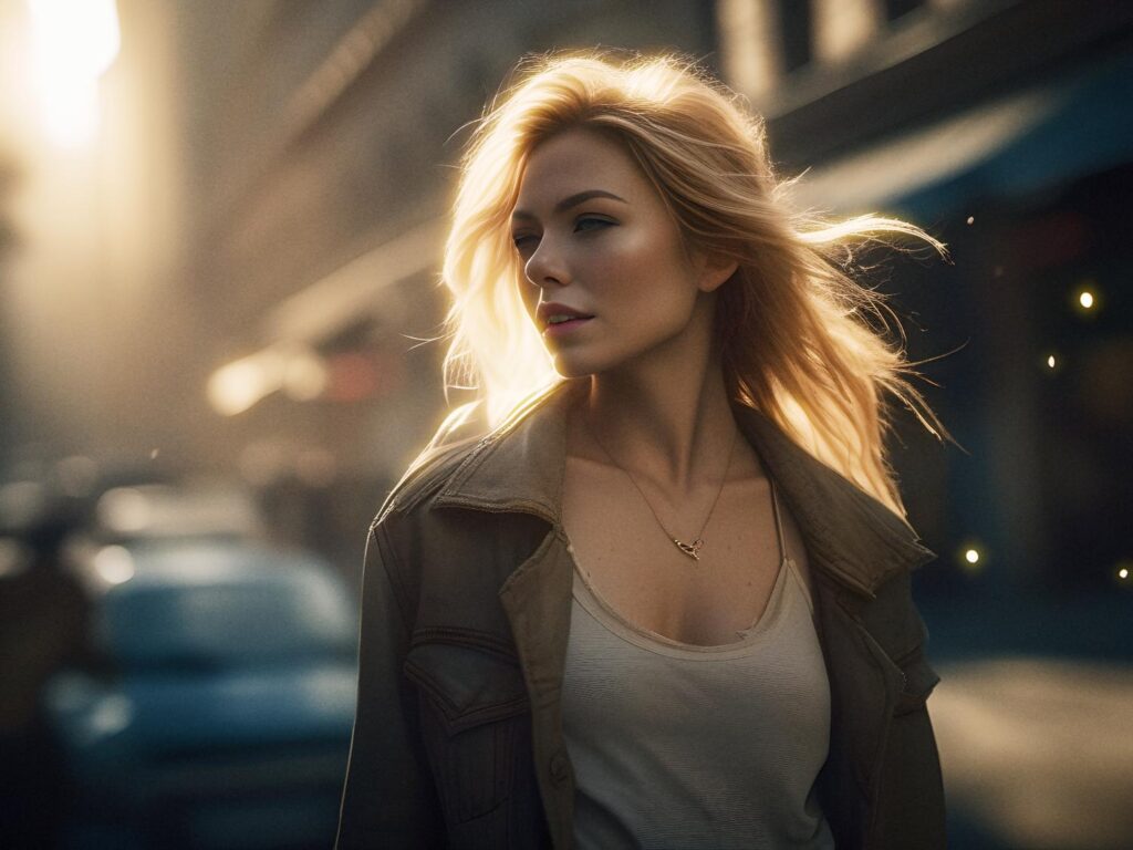A blonde woman strolls a city street in soft, golden light, donning a beige jacket over a white tank and carrying a chic leather messenger bag.