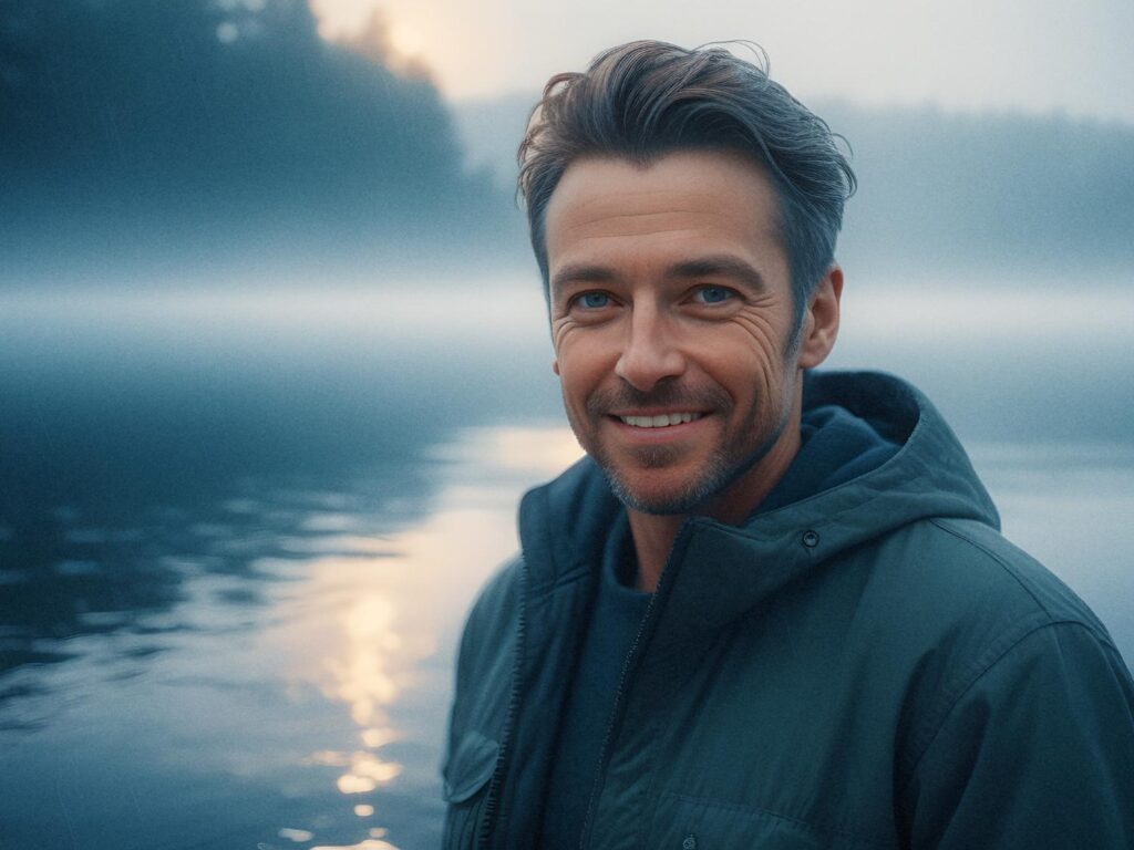A stylish man with short brown hair wears a dark green jacket and carries a luxury leather bag, standing by a serene, misty lakeside at dawn.