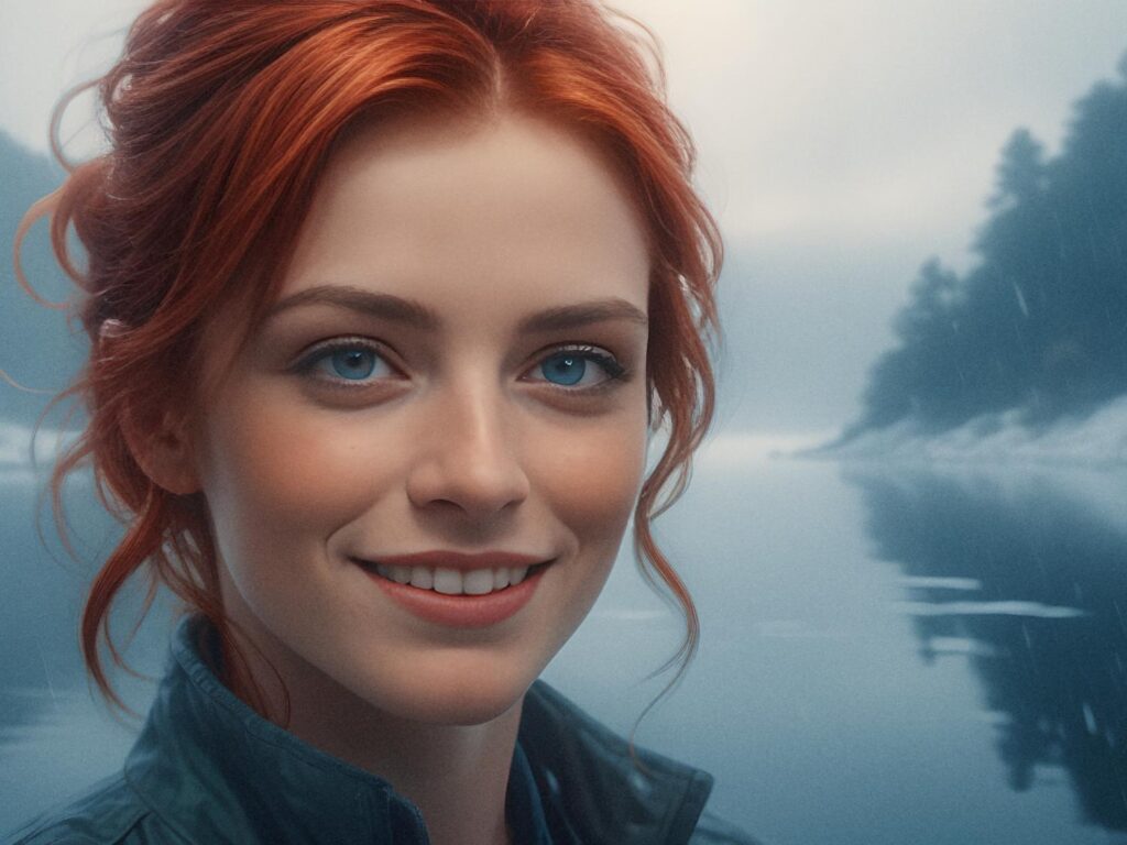A woman with red hair and blue eyes smiles softly, wearing a chic blue jacket. A high-quality leather messenger bag drapes over her shoulder. The misty lake and forested hills in the background create a serene scene.