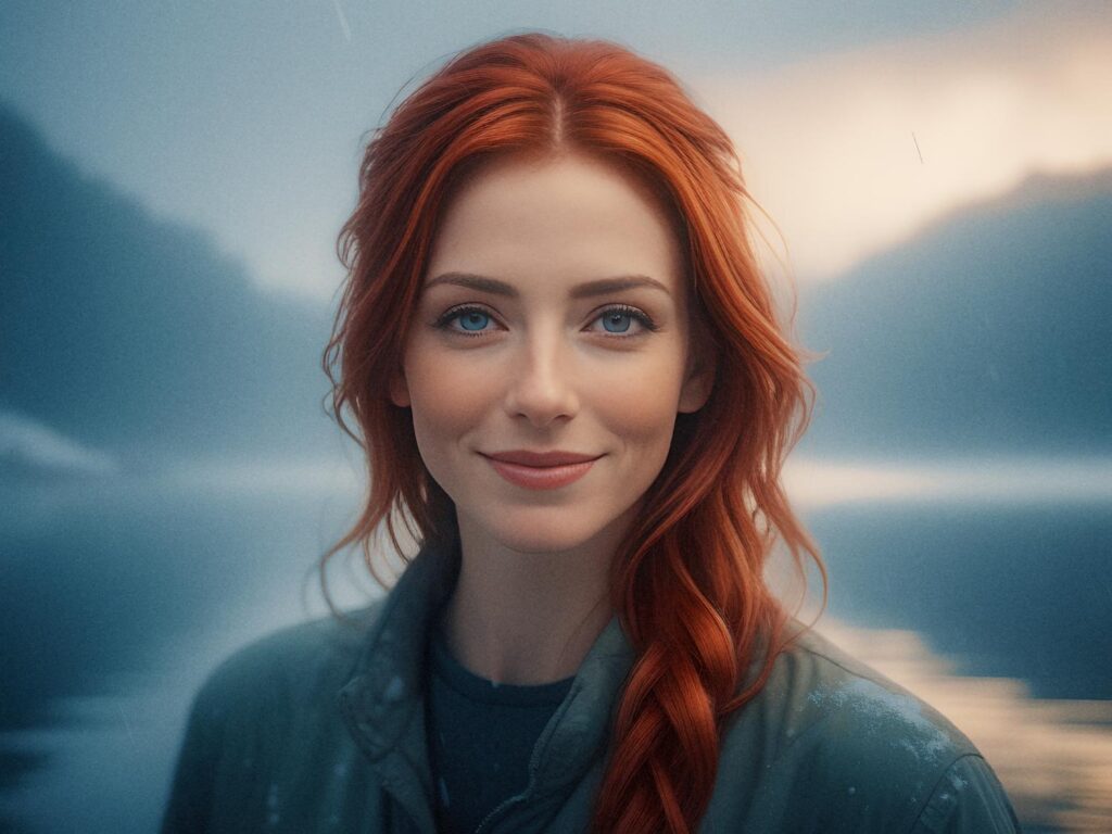 A woman with long braided red hair smiles softly by a misty lake, mountains in the backdrop. Her dark green jacket and sleek laptop bag add an elegant, rugged touch to this serene outdoor scene.