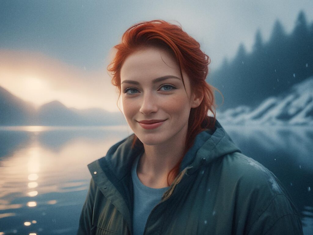 A woman with red hair, in a trendy green jacket and handmade leather messenger bag, smiles by a serene, snowy mountain lake at dawn.