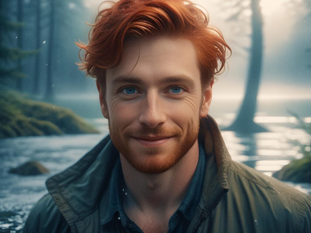 A stylish young man with wavy red hair and a beard radiates confidence in an olive green jacket over a blue shirt. He stands by a serene forest stream, misty trees behind him, accessorized with a Peak Design Pouch—an essential for any adventurer's travel game.
