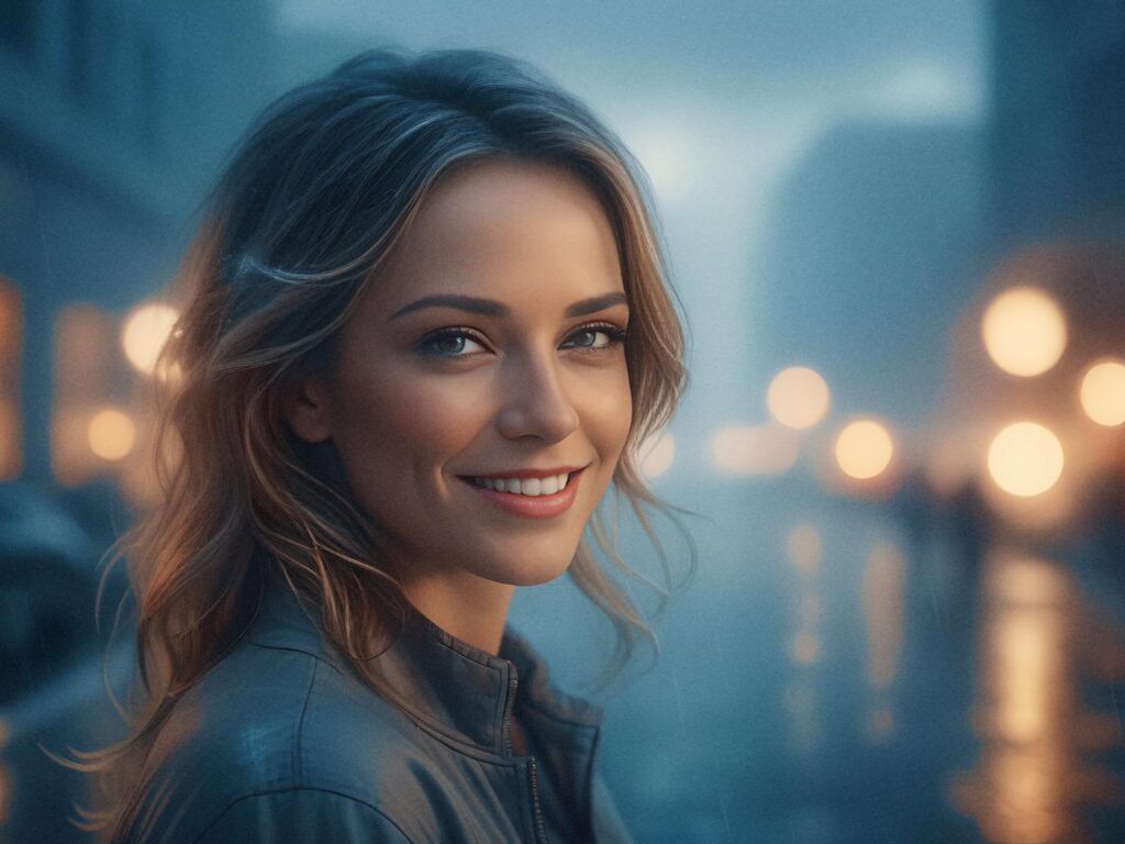 A woman with wavy, shoulder-length blonde hair radiates warmth as she smiles at the camera. She rocks a leather jacket and holds a chic pink tote bag, standing on a foggy street with dreamy lights and buildings blurred in the background. Perfect autumn style.