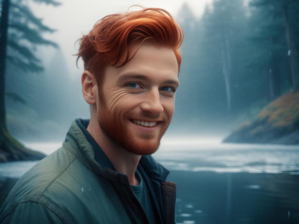 A red-haired, bearded individual warmly smiles by a misty lake, donning a stylish green jacket and chic bike messenger bag—an epitome of outdoor fashion, evergreen trees framing the serene scene.