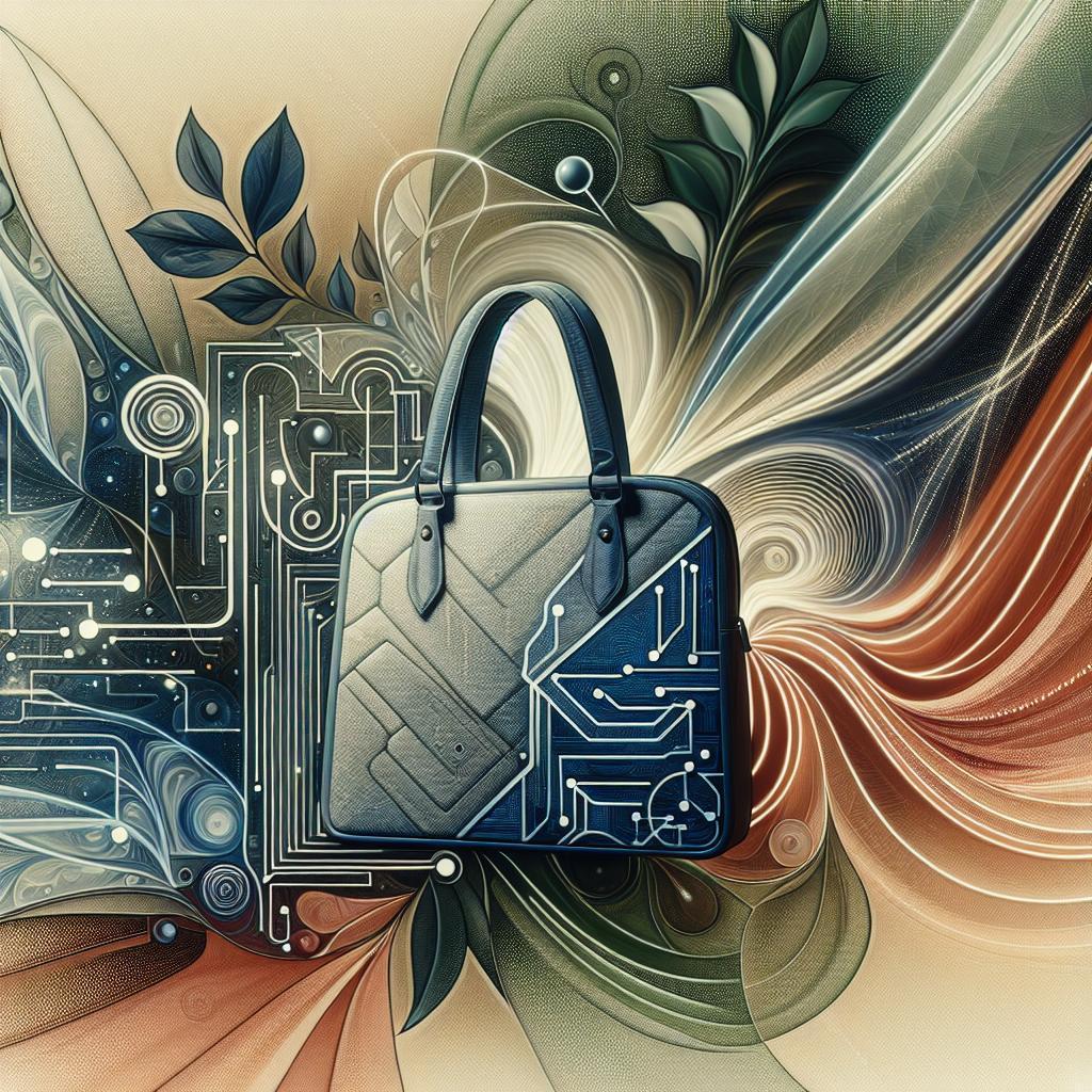 A chic Kenneth Cole handbag merges tech and nature, featuring circuit board patterns and earthy, leafy designs—perfect for the stylish professional.
