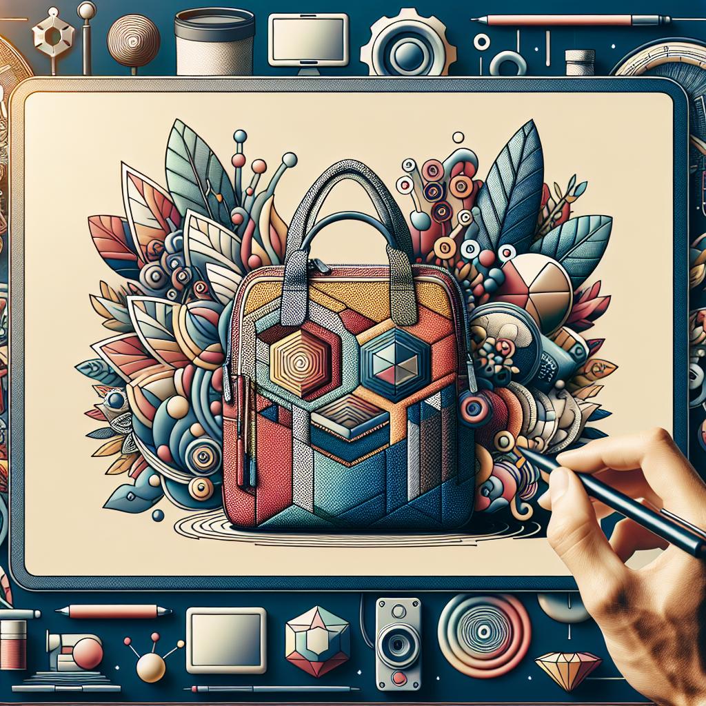 A digital sketch captures a hand crafting a vibrant, geometric handbag on a tablet. Inspired by Top Peak Design Bags, the scene buzzes with artistic tools and gadgets.