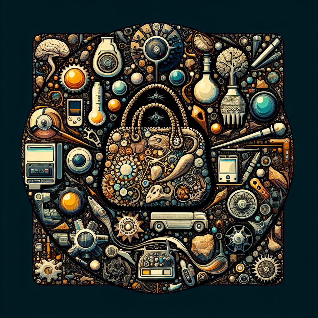 An intricate illustration mimicking a chic women's purse, showcasing microscopes, gears, and test tubes in an organized, fashion-forward square pattern.