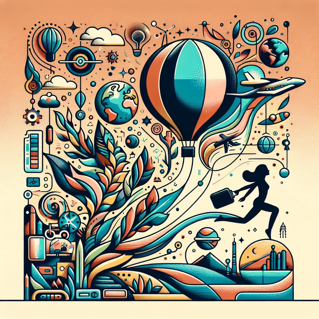 A vibrant, abstract silhouette runs with a chic Leaper Bags suitcase amid hot air balloons, planets, and tech symbols. Travel meets innovation in style.
