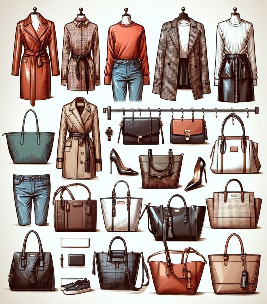 A chic collection of women's fashion essentials, featuring coats, blazers, tops, jeans, stylish handbags, high heels, and accessories— a perfect blend of casual and formal styles.