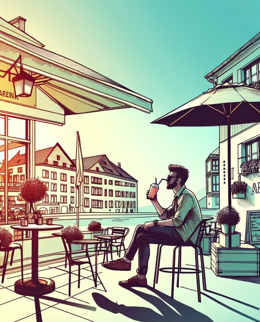 A chic urbanite with a stylish messenger bag sips a drink at an outdoor cafe, surrounded by charming buildings and basking in the sunny ambiance.