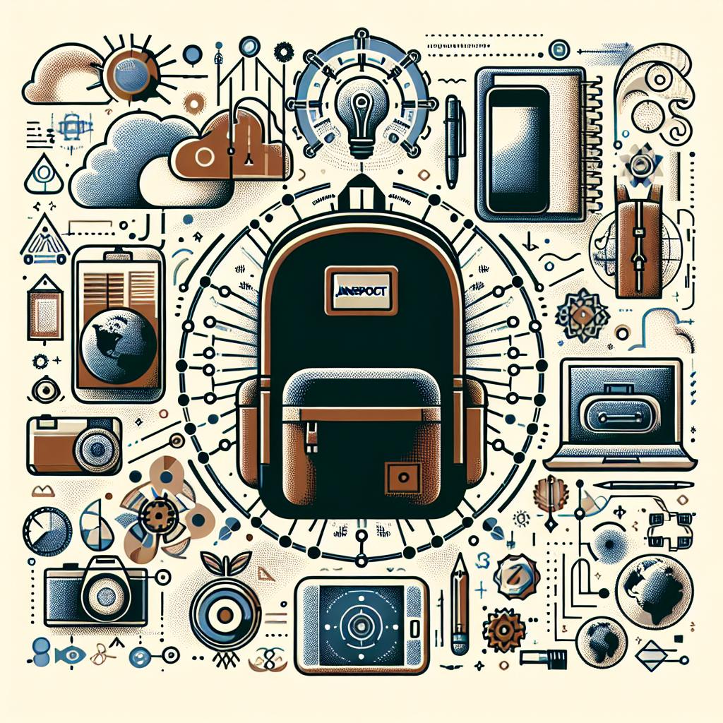 Illustrated JanSport backpack surrounded by stylish school and tech essentials: laptop, notebook, camera, globe, tablet. Trendy and practical for school or work!