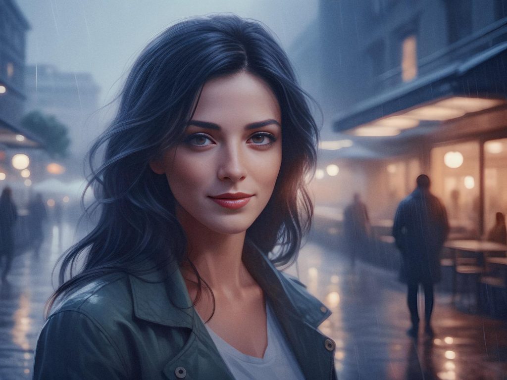 A stylish woman with long dark hair and a chic green jacket stands on a rain-slicked street at dusk, holding an urban tour bag. Streetlights and storefront glows create an enchanting backdrop.