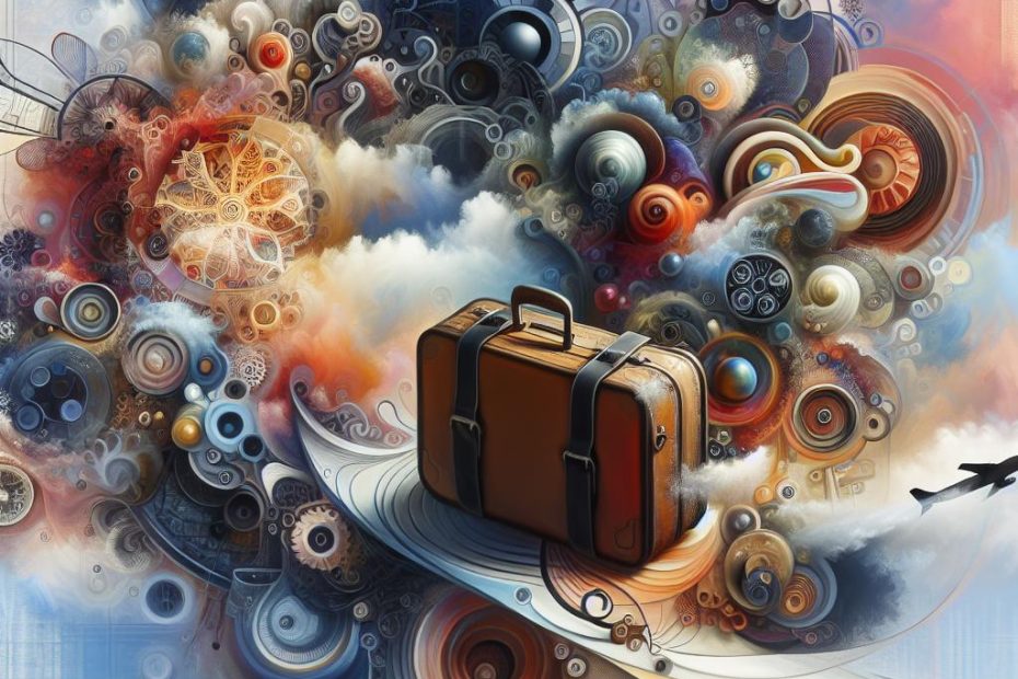 A stylish brown suitcase anchors an abstract dreamscape of swirling gears, clouds, and patterns; a small plane accentuates the travel vibe.