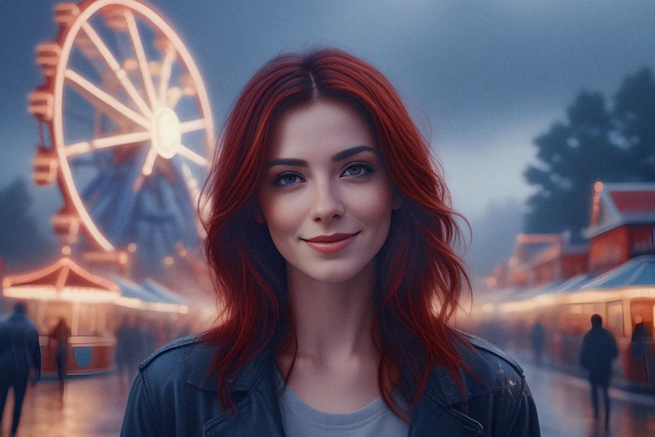 A red-haired woman in a chic leather jacket, glowing with joy, stands before an illuminated Ferris wheel. Her Urban Tour Bag adds a trendy touch to the misty, dreamy evening scene.