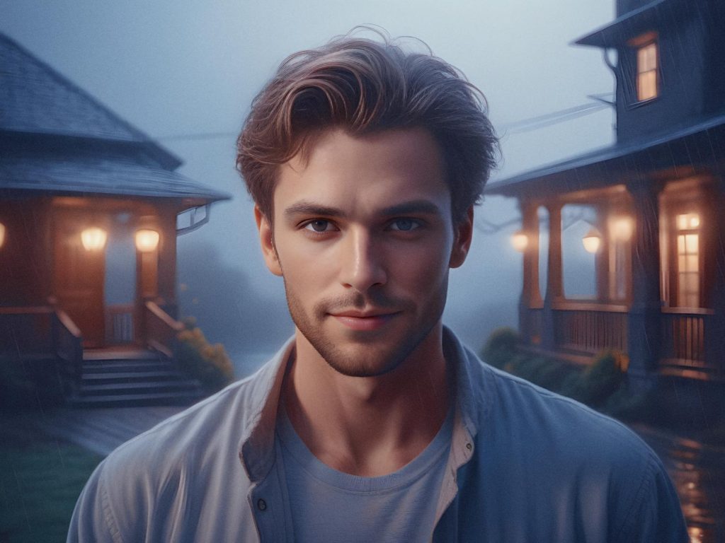 A young man with tousled hair and a light beard stands outdoors at dusk in a light blue shirt, carrying an Osprey Arcane waterproof backpack. Porch-lit houses behind him, misty rain-soaked ambiance heighten the serene, moody feel—perfect blend of functional style and tranquil elegance. #FashionTrend #StyleEssentials