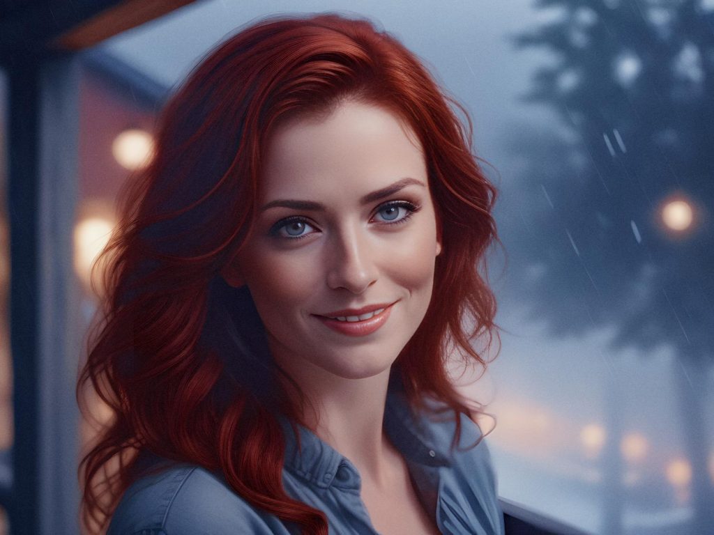 A red-haired woman in a chic gray top and Fossil Gen 6 smartwatch beams at the camera, framed by a rain-dappled window aglow with evening lights, poised for her Wear OS 3 onboarding.