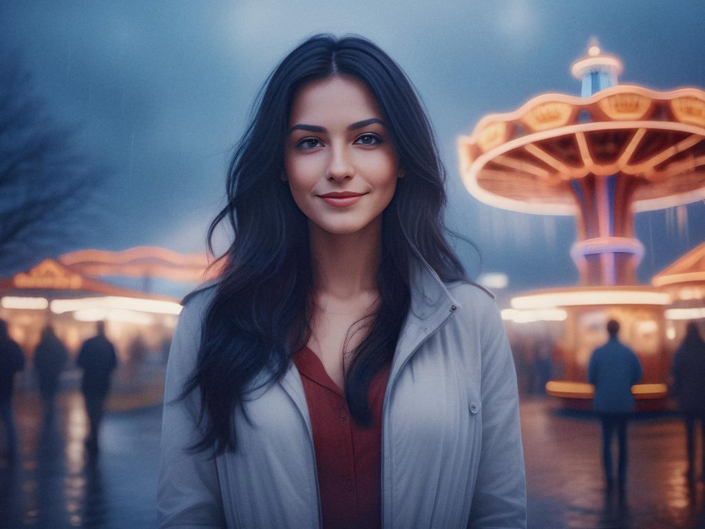 A woman with long dark hair, styled in a chic light-colored coat, smiles in a night-time amusement park, holding a designer leather bag. The blurred carousel lights and figures in the background evoke the luxury and allure of top leather accessories.