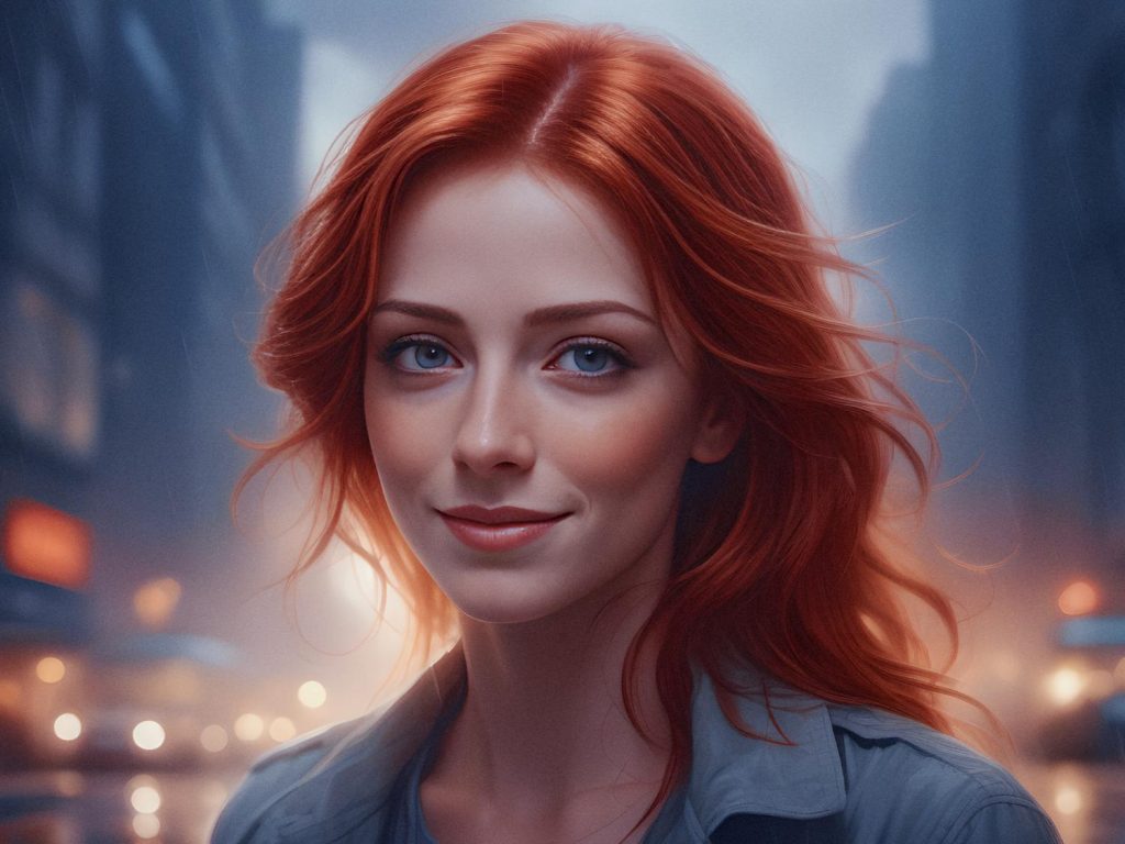 Samsonite Lock Instructions: Truframe VS2 Unveiled - Valuable guides and articles Portrait of a woman with vibrant red hair, fair skin, and blue eyes, softly smiling in an urban backdrop with blurred lights. The warm ambiance highlights her timeless elegance. Perfectly captured as if through a Truframe VS2 lens.