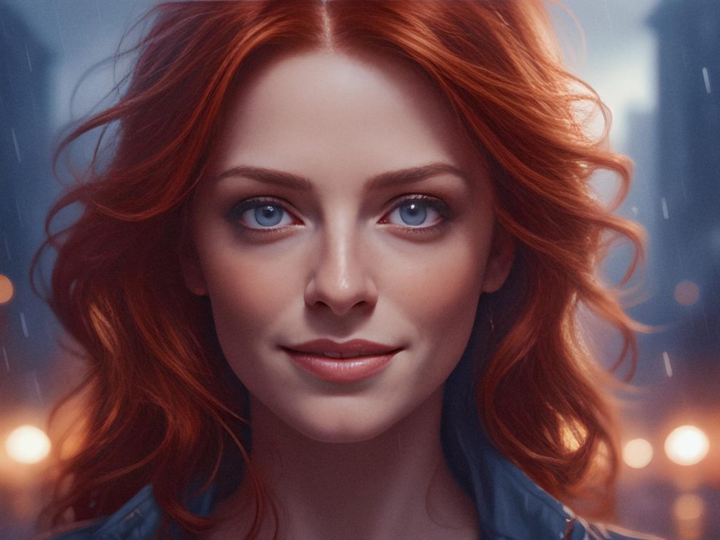 A confident woman with wavy red hair and blue eyes smiles under dusk's ambient city lights. She carries a Tumi Alpha 2 Briefcase, perfect for the stylish professional.