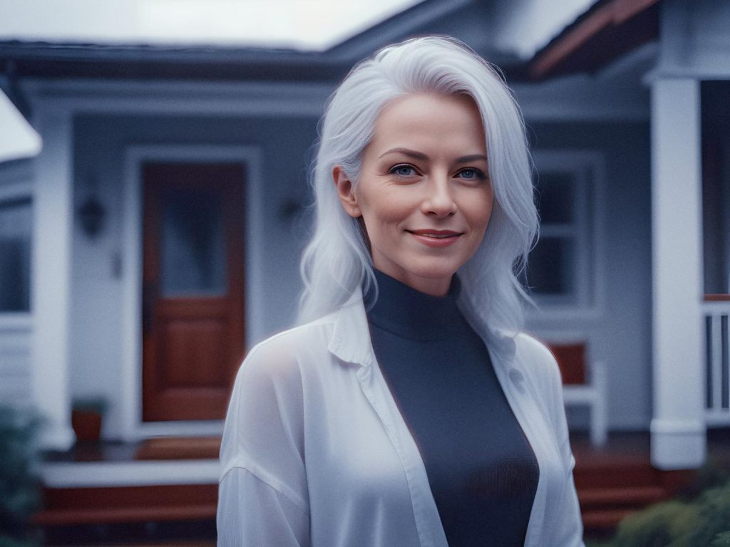 A woman with flowing white hair smiles in front of a white house. Her dark turtleneck and light, sheer cardigan are timeless fashion staples.