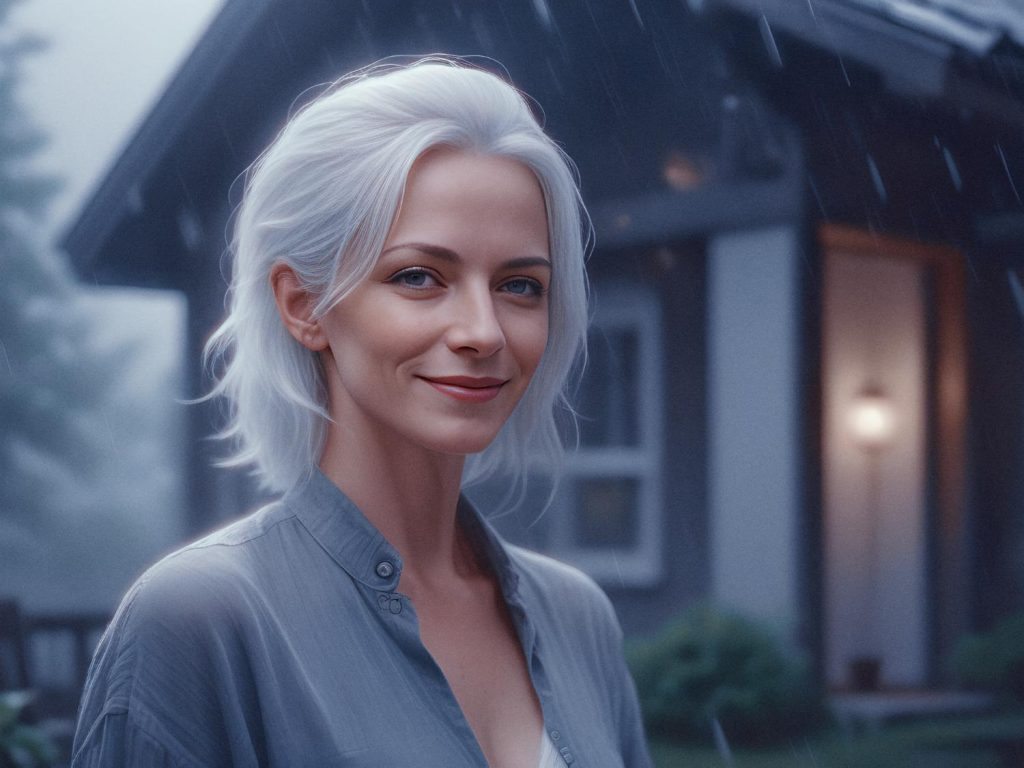 A chic woman with shoulder-length white hair radiates style in a grey button-up and an Osprey Arcane waterproof backpack, standing serenely in gentle rain. A cozy, blurred wooden house with a lit window adds warmth to the soft, diffused light scene. Perfect embodiment of functional fashion meeting tranquility.