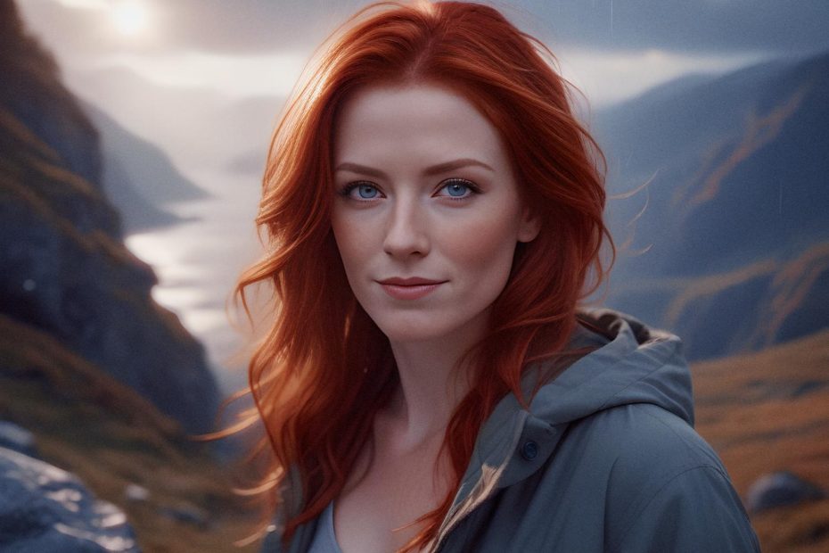 A woman with flowing red hair, blue eyes, and a chic gray jacket stands against a misty mountain and river backdrop, spotlighting an Osprey Arcane waterproof backpack. Ideal for blending outdoor adventure with style.