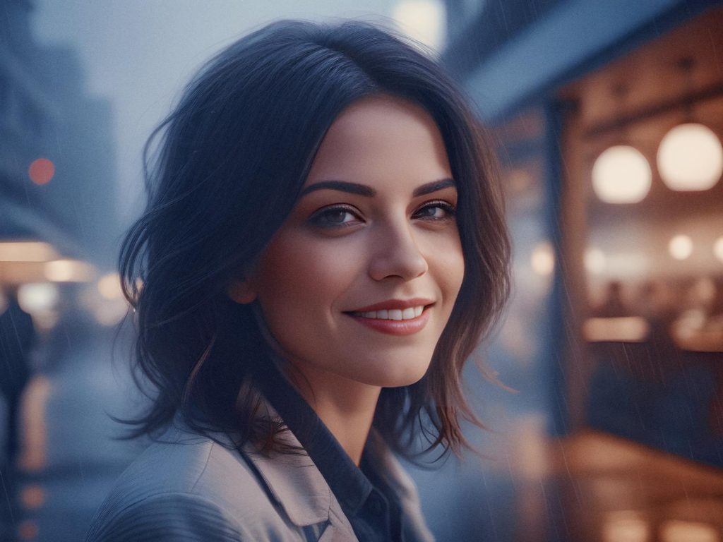 A stylish woman with shoulder-length dark hair smiles softly on a serene city street at dusk, rocking a chic light jacket, dark top, and a classic JanSport backpack.