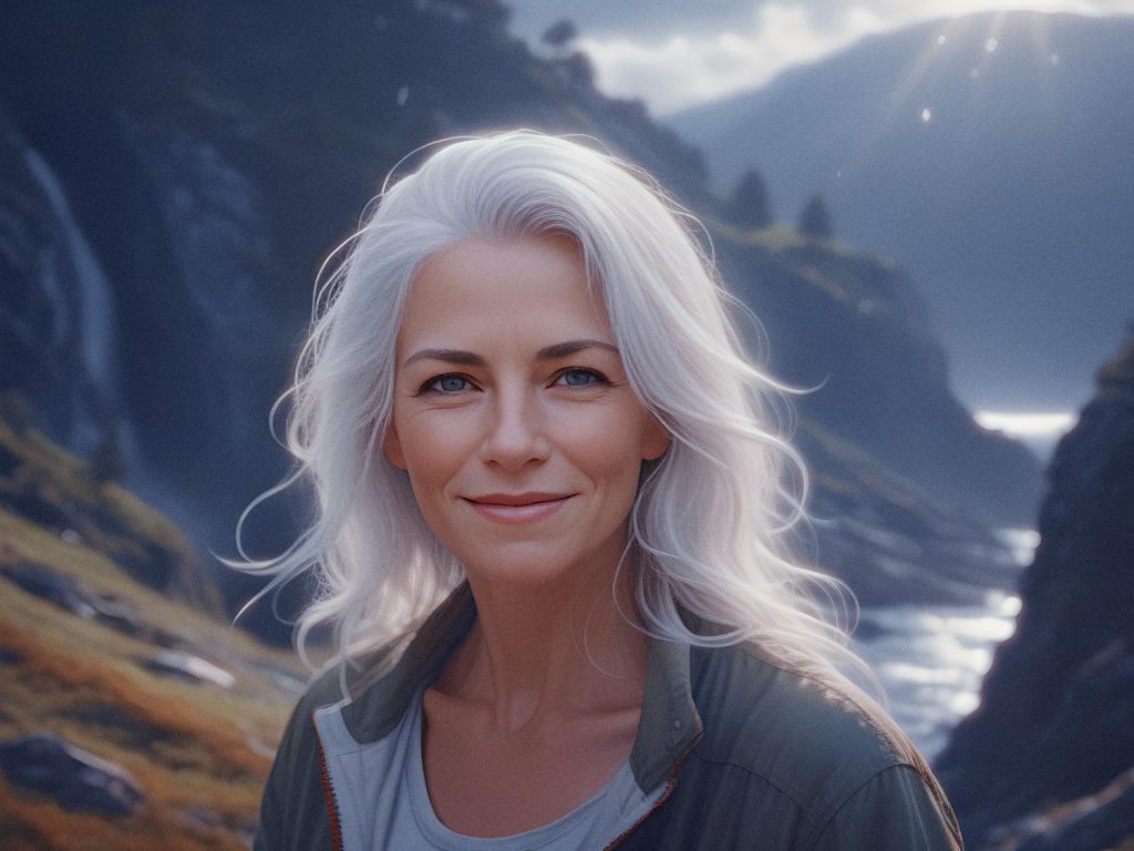 A woman with long, flowing white hair stands in a dramatic mountainous landscape, sunlight filtering through misty clouds. She smiles slightly in her casual chic ensemble, sporting a Travelon Anti-Theft Urban Tour Bag that perfectly complements her adventure-ready style.